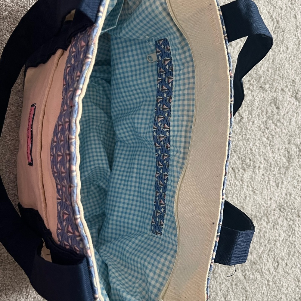 Vineyard Vines Cream Canvas Tote with Navy Trim and Sailboat Accent - Picture 3 of 4